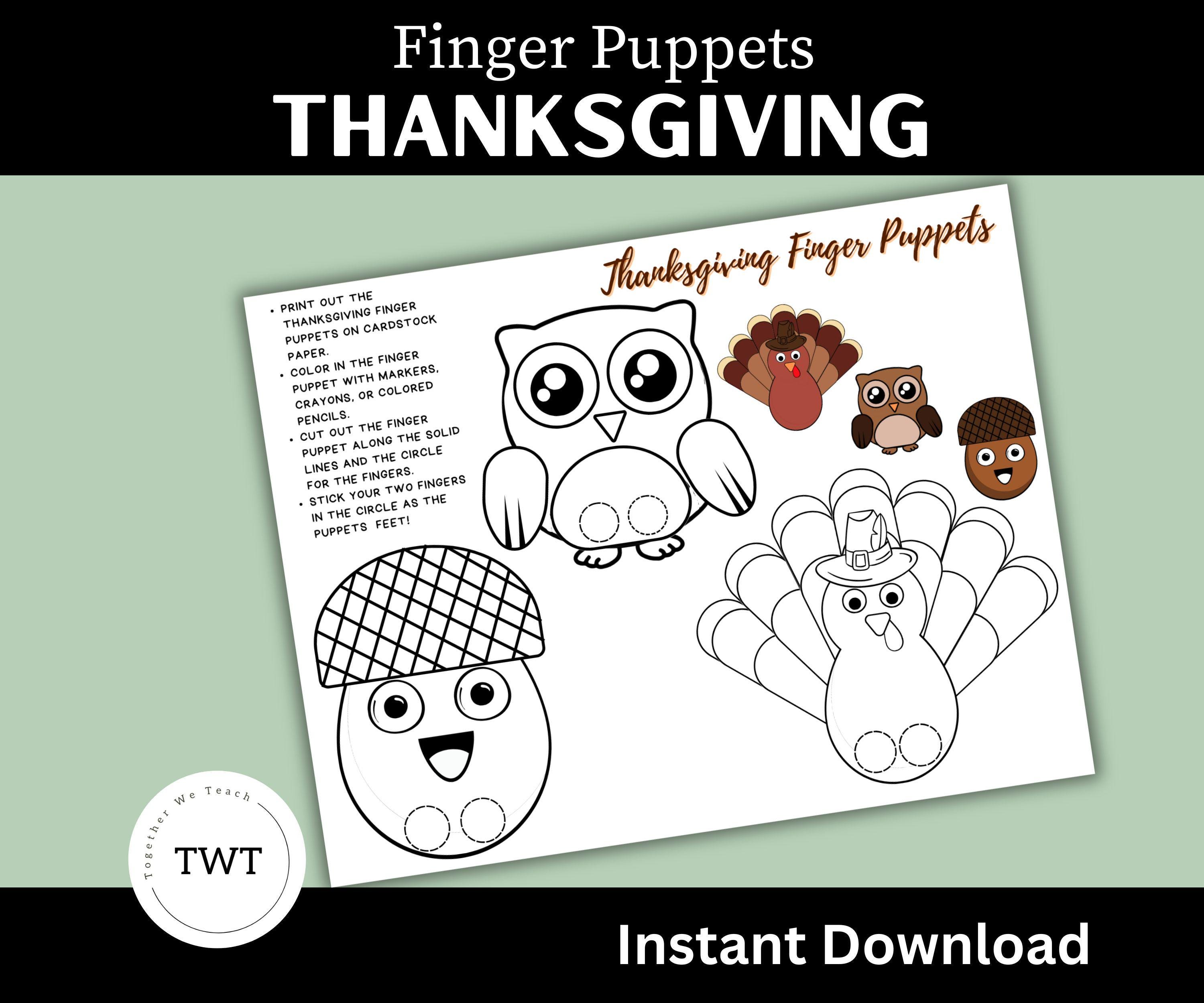 thanksgiving finger puppets, fun activity, craft, instant download