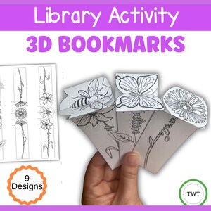 Puede incluir: Un conjunto de marcapáginas 3D con diseños variados, incluyendo una abeja, una mariposa y una flor. Los marcapáginas son en blanco y negro y están diseñados para colorear. La imagen también incluye el texto "Library Activity 3D Bookmarks" y "9 Designs".