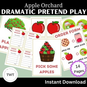 May include: A printable set of 14 pages for pretend play, featuring an apple orchard theme. The set includes order forms, receipts, and a page with a basket of apples. The text "Apple Orchard Dramatic Pretend Play" and "14 Pages" is included on the pages.