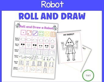 May include: A "Roll and Draw a Robot" game, featuring a grid with robot components and dice, plus a sample robot drawing. The title "Robot Roll and Draw" is displayed prominently at the top.