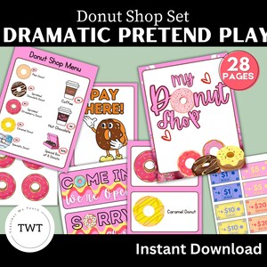 May include: A collection of pink and white pretend play donut shop printables. Includes a menu, signs, play money, and donut illustrations. The set features the text "Donut Shop Set DRAMATIC PRETEND PLAY" and "my Donut Shop".