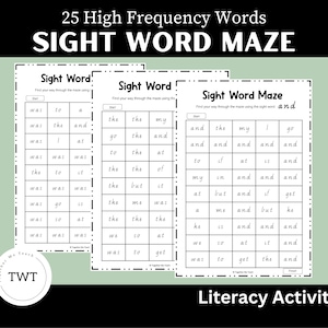 May include: Black and white printable maze activity for kids featuring 25 high frequency sight words. The maze is divided into three sections, each with a different set of words. The words include "and", "the", "was", "to", "my", "go", "at", "is", "it", "of", "but", "me", "he", "we", "so", "get", "if", "in", "a", "and", "and", "and", "and", "and", "and".