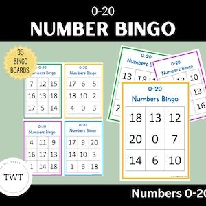 Zahlenbingo 0-20, PDF, Sofortdownload, Zahlenlernen, Mathematikaktivität, druckerfreundlich, große Zahlen, 35 Bingobretter