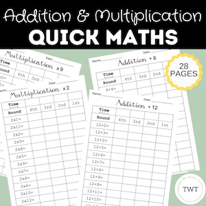 Könnte beinhalten: Schwarz-weiße druckbare Arbeitsblätter für Addition und Multiplikation schnelles Rechnen. Die Arbeitsblätter beinhalten Aufgaben zum Addieren von 8, 12, Multiplizieren mit 2 und 9. Die Arbeitsblätter sind mit "Time Round" beschriftet und enthalten Spalten für die 4., 3., 2. und 1. Runde. Die Arbeitsblätter sind so konzipiert, dass Schüler ihre mathematischen Fähigkeiten üben können.