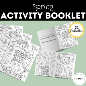 Pode incluir: Vários cadernos de atividades de primavera em preto e branco com arco-íris, flores e o texto "Spring Activity Booklet". Um caderno está aberto, mostrando um labirinto e o texto "Bloom Where You're Planted".