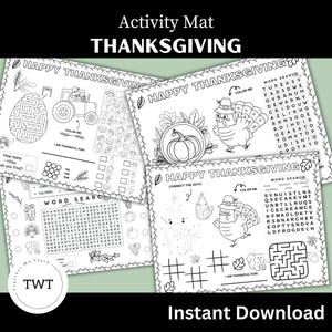 Könnte beinhalten: Eine druckbare Thanksgiving-Aktivitätsmatte mit vier verschiedenen Aktivitäten: ein Wortsuchspiel, ein Punkte verbinden, ein Ausmalbild und ein Labyrinth. Die Matte zeigt einen Truthahn, einen Kürbis und andere Thanksgiving-Motive.
