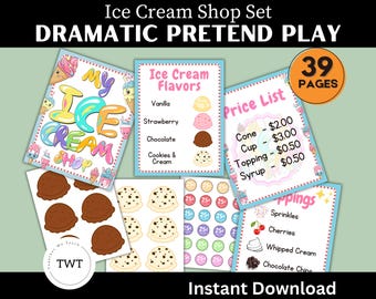 Ice Cream Shop Pretend Play, Imaginative Play PDF Download, Shop Signs, Ice Cream menu,Price List, Ice Cream Colours
