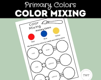 May include: A printable worksheet for learning about primary colors. The worksheet has circles for mixing red, blue, and yellow to create secondary colors. The text on the worksheet says "Color Mixing Primary Colors".