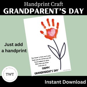 Manualidad con flores con huellas de manos para el Día de los Abuelos, regalo único, personalizado, regalo de recuerdo, especial, PDF, descarga instantánea