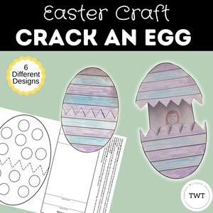 May include: Easter craft activity for kids.  A printable template of an egg with a crack in it.  The egg is decorated with purple and blue stripes.  The text "Crack an Egg" is in the title.  The text "6 Different Designs" is in a yellow circle.