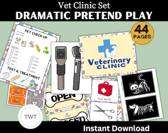 Può includere: Una collezione di materiali stampabili per il gioco di ruolo della clinica veterinaria. Include un modulo di controllo per animali domestici, strumenti medici, un cartello con la scritta "Aperto" e immagini a raggi X. Il set ha 44 pagine ed è un download immediato.
