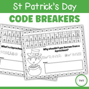 May include: Two St. Patrick's Day themed code breaker worksheets. The worksheets have a decoder at the top and questions below. The worksheets are decorated with shamrocks and a leprechaun illustration. The text on the worksheets reads "St Patrick's Day CODE BREAKERS".