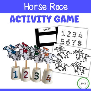 May include: A horse race activity game with the text "Horse Race ACTIVITY GAME" in blue. The game includes paper cutouts of horses with jockeys, numbered cups, and number cards. The horses are on wooden sticks.