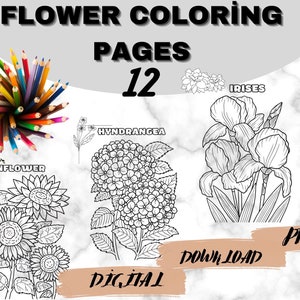 12 Blumen Malbuch Seiten für Erwachsene, Kinder, Mann, Frau, Lehrer, Schule. Speziell entworfene Blumen mit Titel,digital,pdf,download