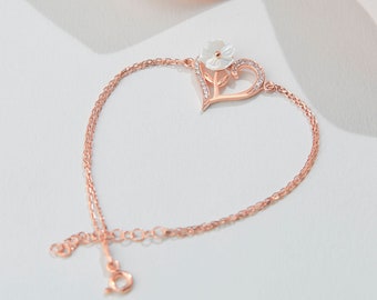 925K Silver Heart Bracelet, Chic Jewelry, Sparkle Bracelet, Floral Bracelet, Shiny Stone Jewelry, Rose Gold Bracelet, Anniversary Day Gift