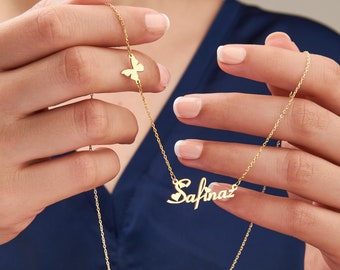 Valentines Day Custom Necklace, Butterfly Pendant, Custom Name Jewelry, Gold Plated Jewelry, Heart Necklace, Personalized, Gift for Love Day