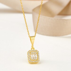 925K Silver Baguette Necklace, Shiny Jewelry, Gold Plated Necklace, Women Pendant, Wedding Jewelry, Chic Jewelry, Anniversary Gift