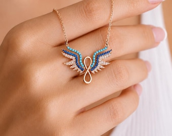 Collana infinito in argento, pietra di zircone, collana da donna, ciondolo in pietra lucida, collana con angelo, simbolo dell'ala, regalo di anniversario, regalo di Natale