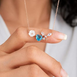 925K Silver, Blue Stone, Magnolia Necklace, Elegant Jewelry, Shiny Necklace, Floral Pendant, Aquamarine Pendant, Gift for Her, Birthday Gift