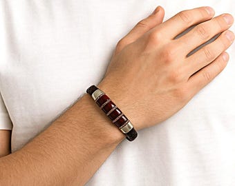 925 sterling silver, double-row braided men's leather bracelet with agate stone.