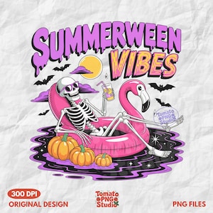 Summerween Skeleton Flamingo Pool Party PNG: Spooky Summer Design (Digital Download