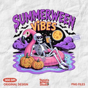 Summerween Skeleton PNG: Spooky Flamingo Pool Party (Digital Download