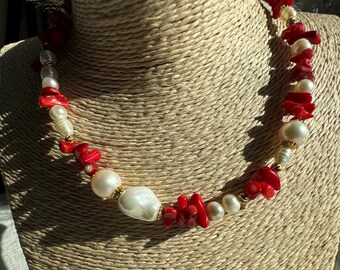 Collier En Corail Rouge Naturel Et Perles D'eau Douce - Pendentif Vintage - Occasion