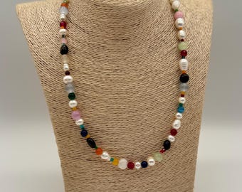 Colorful Gemstone & Freshwater Pearl Necklace | Garnet, Moonstone, Sodalite | 18K Gold Plated Beaded Necklace