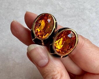 Vintage Joan Rivers Topaz Crystal, Black Enamel & Gold Tone Clip-On Earrings, 1990s