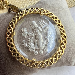 Vintage Crown Trifari Zodiac Virgo Intaglio Glass Cameo Gold Tone Pendant, 1960s