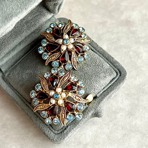 Boucles d'oreilles clip signées FLORENZA vintage strass bleus rouges graines de fausses perles