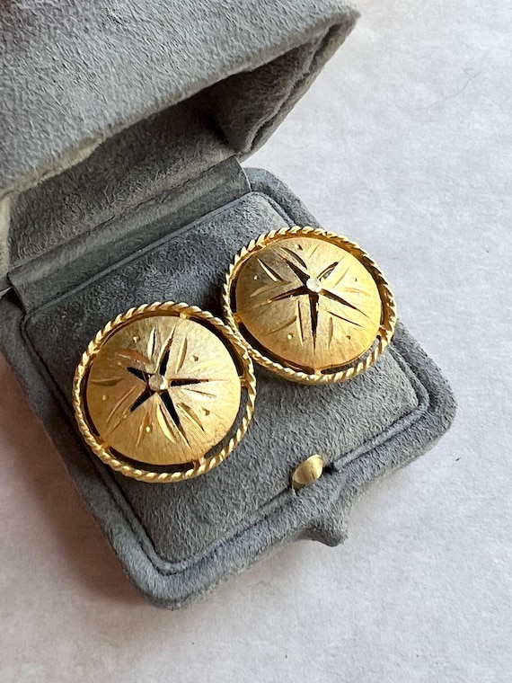 Vintage Gold Star Clip-On Earrings: Brushed Metal Domed Design, 1960s