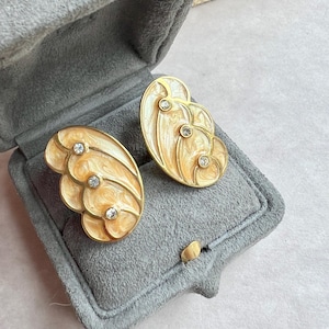 Kenneth Jay Lane For Avon Polished Gold Metal Setting Clear Rhinestones And Pearlescent Enamel Intricate Clip-On Earrings, 90s Era, Signed