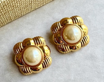Vintage Joan Rivers Faux Pearl Gold Tone Clip-On Earrings, Signed