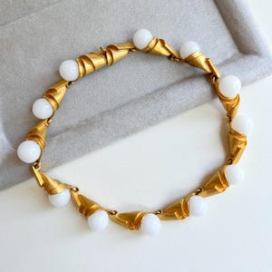 ESCADA Margaretha Ley Vintage Brushed Gold Tone Metal Setting And White Milk Glass Beads Runway Choker Necklace, 80s Era, Signed