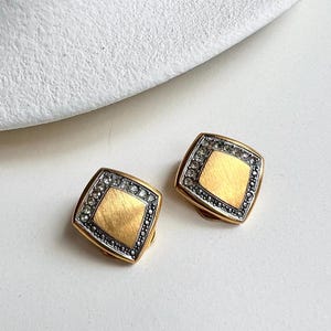 LANVIN Germany Patented Vintage Textured Gold And Silver Metal Setting And Clear Rhinestones Diamond Shape Clip-On Earrings, 60s Era, Signed