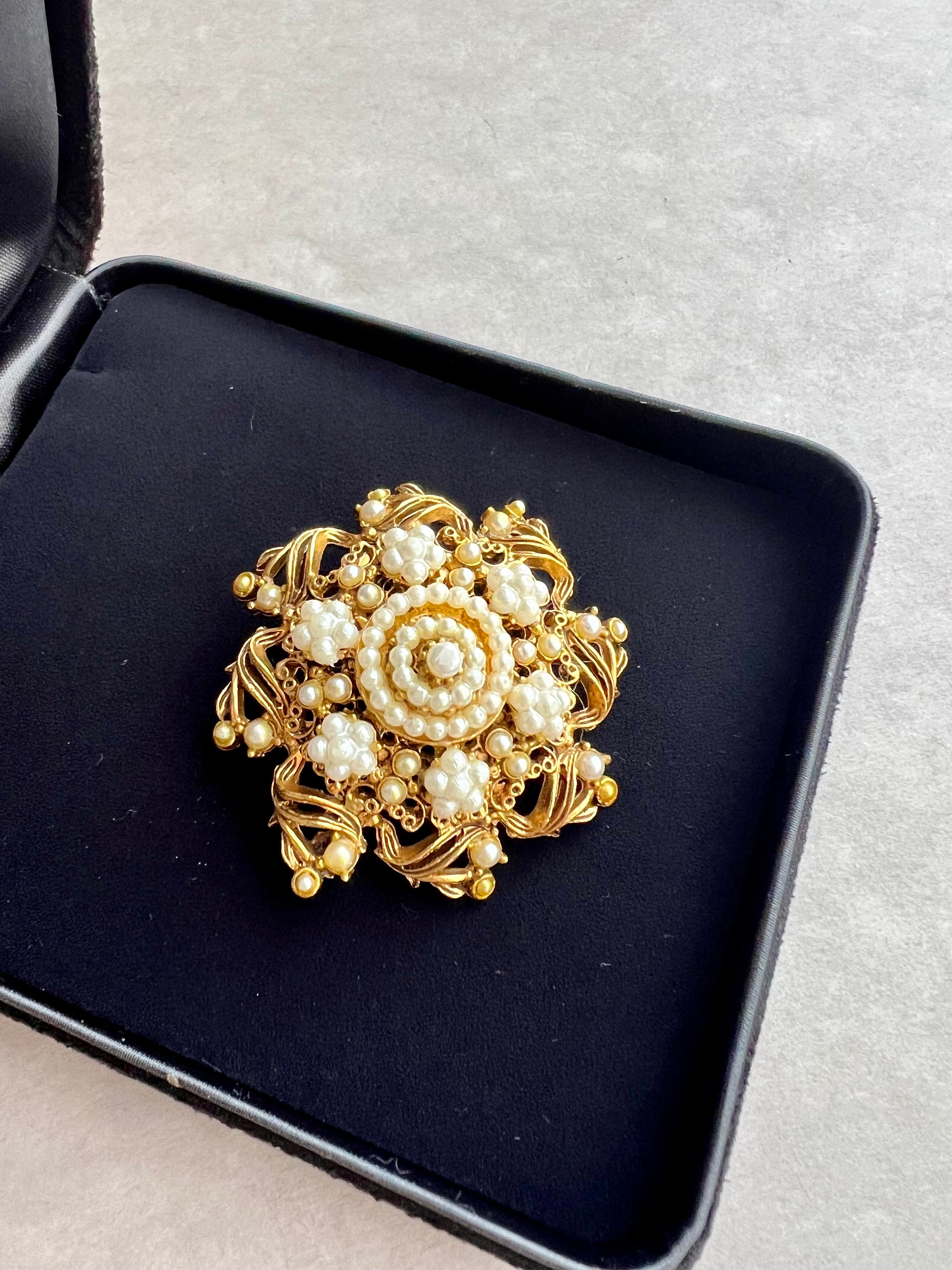 FLORENZA Vintage Antique Gold Tone Metal and Seed Faux Pearl