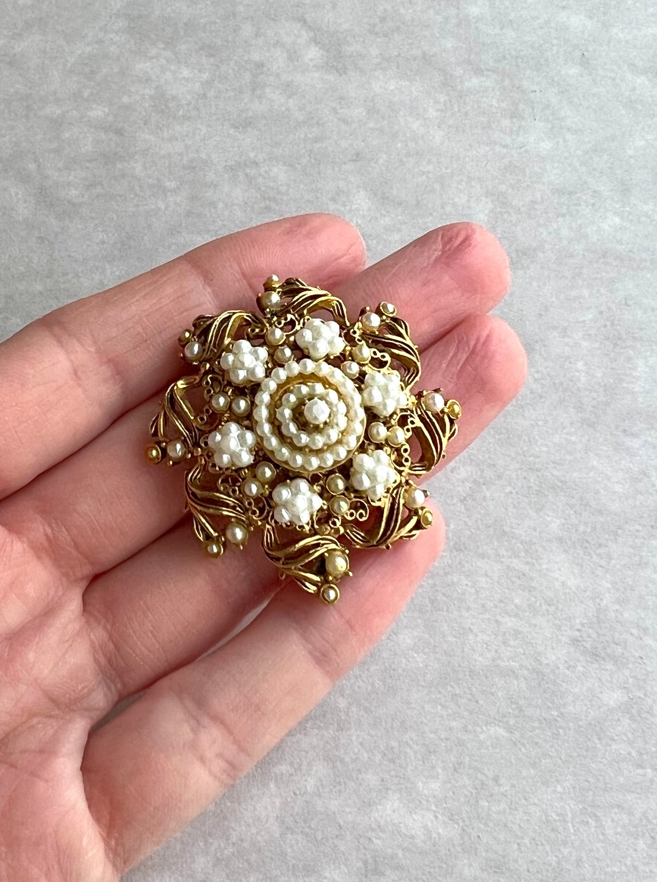 FLORENZA Vintage Antique Gold Tone Metal and Seed Faux Pearl