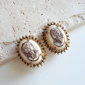 Florenza Vintage Gold Tone Roman Goddess Cameo Clip On Earrings, 1960s