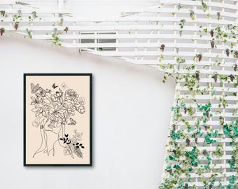 Mooie bloemhoofdjes voor vrouwen. Afdrukbare minimalistische en moderne kunst. Instant digitale download muurkunst