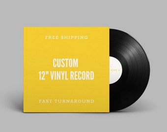 May include: A yellow vinyl record sleeve with the text "FREE SHIPPING", "CUSTOM 12" VINYL RECORD", and "FAST TURNAROUND". A black vinyl record is partially visible on the right side of the image.