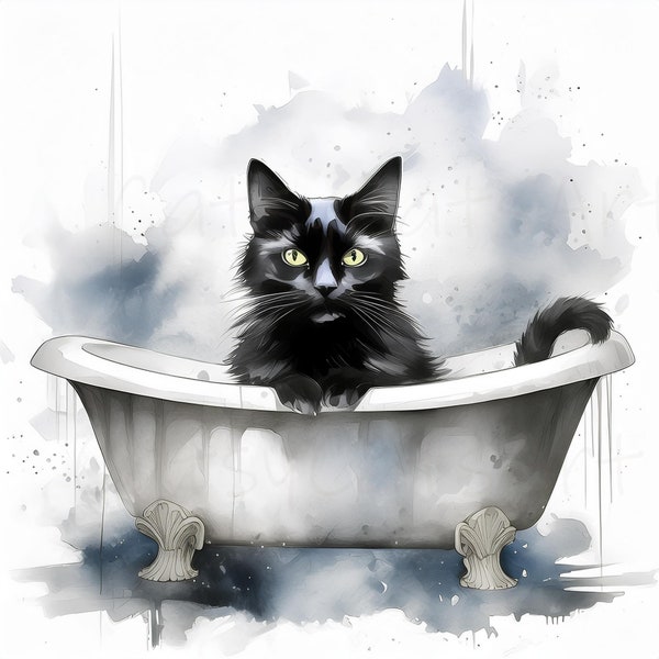 Black Cat Sitting In A Bathtub Wall Art Unframed Cat Lover Gift Poster Decor