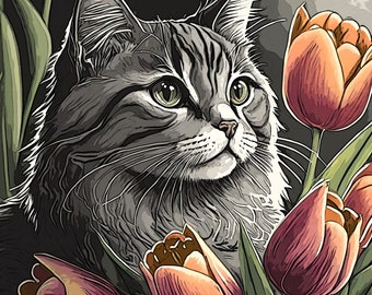 Gray Tabby Cat Surrounded By Tulips Flowers 8x8 Wall Art Unframed Cat Lover Gift Poster Decor