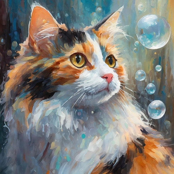 Fluffy Calico Cat Watching The Bubbles Floating Wall Art Unframed Cat Lover Gift Poster Decor