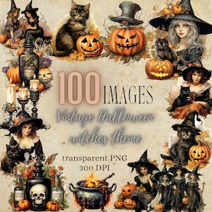 Paquete de gráficos PNG de bruja de Halloween, estilo gótico retro vintage, descargas digitales, manualidades, sublimación, arte festivo clásico