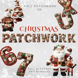 Könnte beinhalten: Ein weihnachtliches Bild mit Patchwork-Designs. Es zeigt einen Schneemann, einen Weihnachtsbaum, den Weihnachtsmann, ein Rentier und die Zahlen 6 und 7. Die Wörter "FALL PATCHWORK 3D", "CHRISTMAS PATCHWORK" und "FULL ALPHABET AND NUMBERS" sind ebenfalls zu sehen.