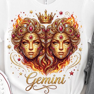 Gemini Zodiac PNG, Twin Flame astrologie ontwerp, Fire Gemini Woman, luxe horoscoop kunst, dierenriem shirt sublimatie, digitale download