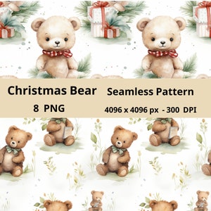 Christmas Bear Seamless Pattern , Digital Download,  Baby Bear , Bear , digital paper, Digital Download, Animal ,Printable Digital Paper