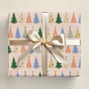 Wrapping Paper: Christmas Trees { Pink, Holiday, Birthday, Pastel, Cute Kids Gift Wrap } - 5 Sheets of 20x29"