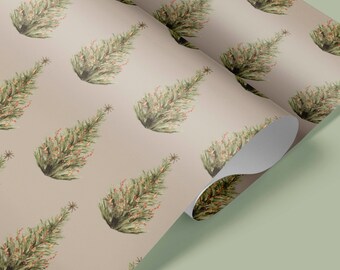 May include: A beige wrapping paper with a repeating pattern of green Christmas trees with red berries. The trees are stylized and have a watercolor look.